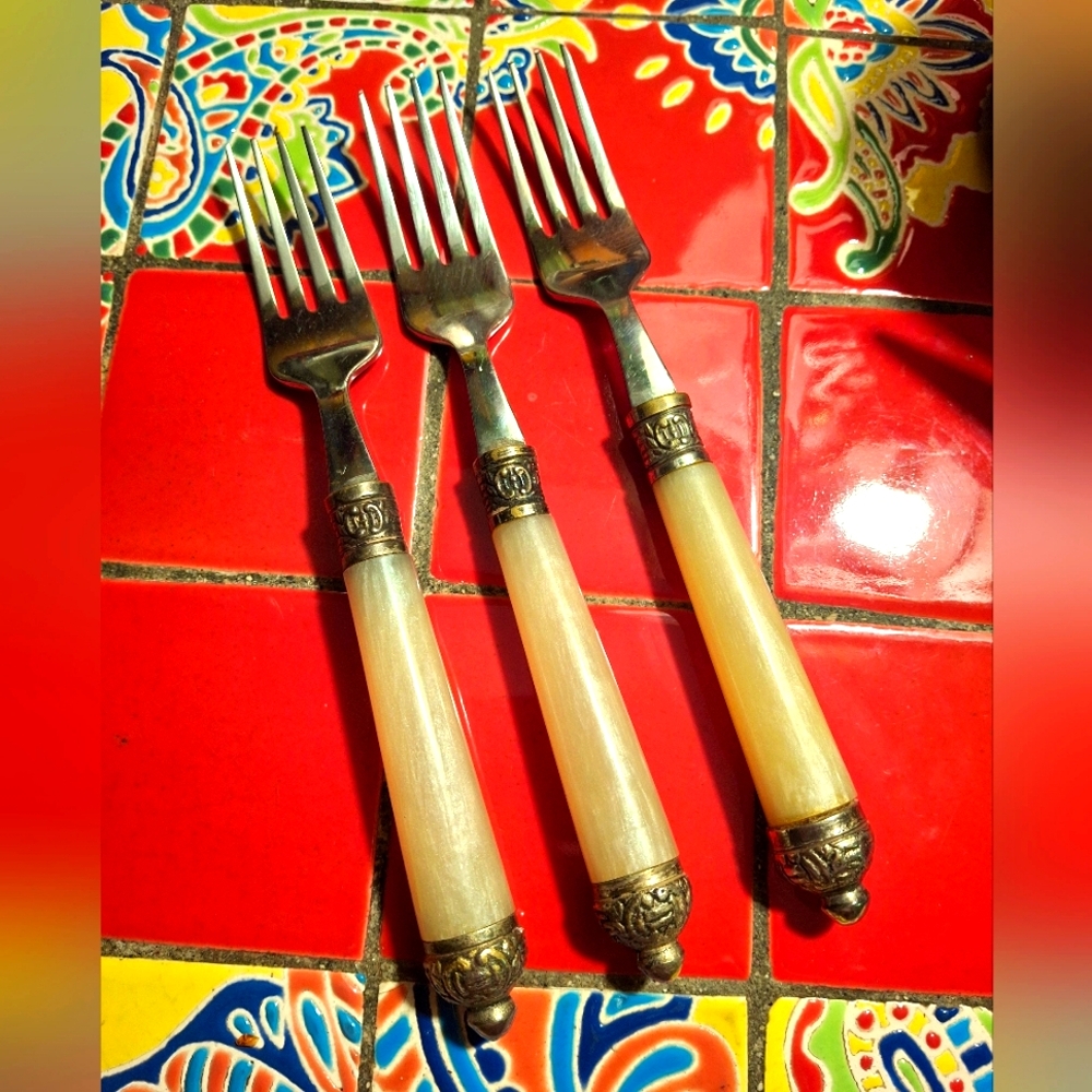 Brass & Stainless Steel Forks Ornate Faux Pearl Handles Set Of 3 7 3/4"